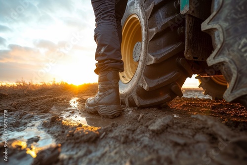 A farmer in muddy boots walks beside a large tractor tire, highlighting agriculture and hard work at sunrise