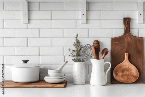 Kitchenware essentials neatly arranged on a kitchen counter against a white tiled wall, aesthetic and minimalist