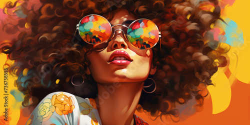 Beautiful girl with curly hair and round sunglasses close-up on colorful background illustration