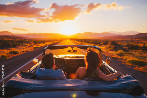 Happy couple driving into sunset in convertible