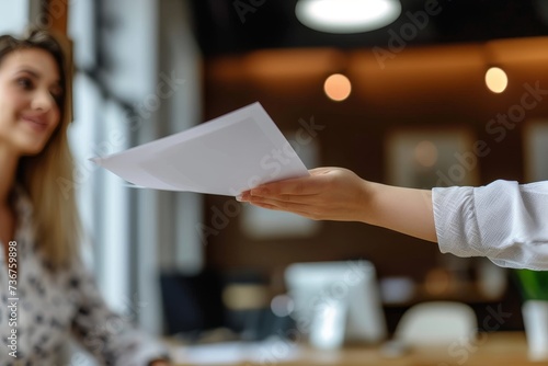 Person handing over papers from a close perspective, emphasizing the exchange between two individuals