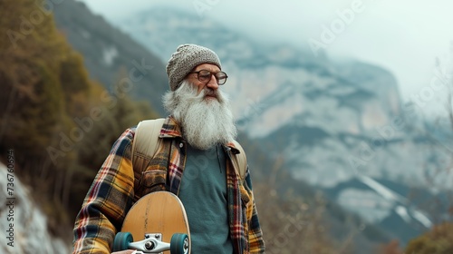 Active cool happy bearded old hipster man standing in nature park holding skateboard. Mature traveler skater enjoying freedom spirit and extreme sports hobby.