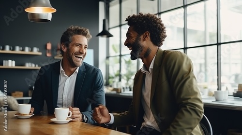 Two men laughing over coffee in a modern café setting