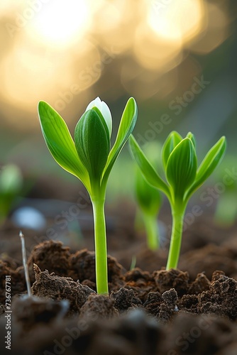 Twin sprouts in fertile brown soil reaching for the light as day ends, depicting togetherness and ambition
