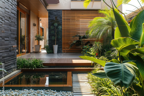 a modern house with many tropical plants and a mini pool