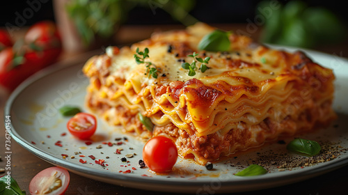 A succulent beef lasagna with tomato sauce.