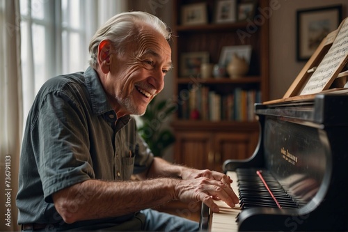 Happy old man playing piano