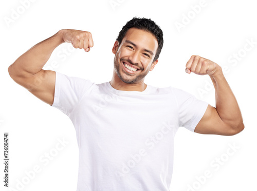 Man, muscle and champion in portrait, flexing biceps for fitness and strong isolated on png transparent background. Asian winner, pride and fist, workout and testosterone for competition with power