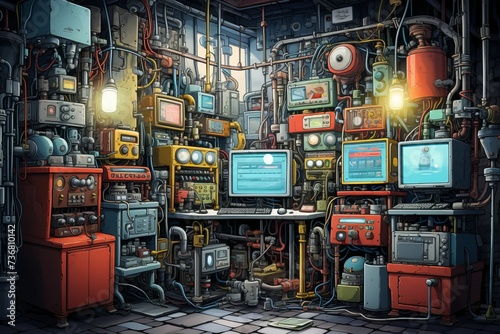Picture a whimsical fusion of antiquated technology and animation with an old tech cartoon background, featuring comical devices, Generative AI