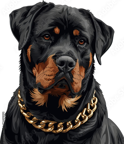 Rottweiler with thick gold chain dog collar isolated on transparent background. PNG