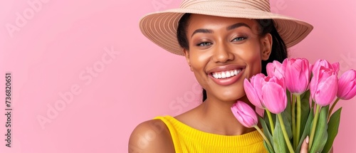 a woman with a straw hat holding a bouquet of pink tulips in front of her face and smiling.