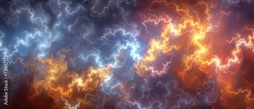 a picture of a bunch of clouds that look like a fire and ice storm with orange and blue smoke coming out of the clouds.