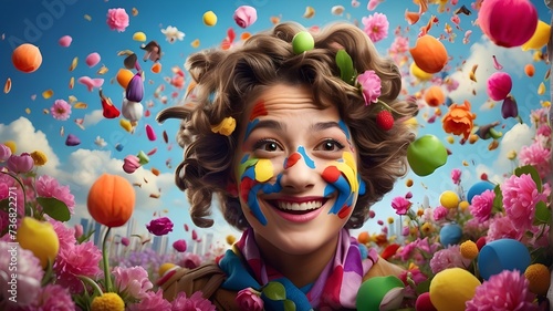 a man enjoying april fool event with blooms, Transform your imagination into reality with our AI platform's stunning visuals of an April Fool's event. From outrageous costumes to clever pranks,