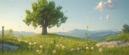 a tree sitting on top of a lush green hillside next to a lush green field with lots of white flowers.