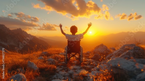Triumph at Mountain Sunset in Wheelchair, Silhouetted against a fiery sunset sky, a person in a wheelchair raises their arms in triumph on a mountain, a celebration of overcoming and accessibility