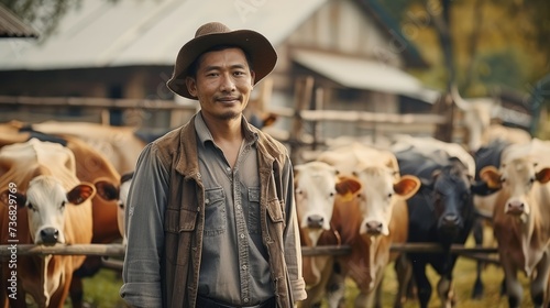 Asian man cowherd standing in front of a fenced in area with several cows. Generative AI.