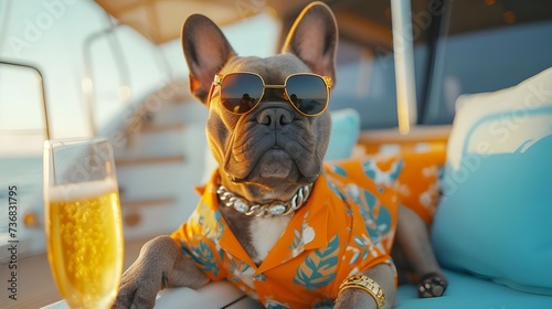 Wealthy french bulldog expensive private yacht boat ship luxurious watch champain sunglasses, millionaire dream lifestyle 