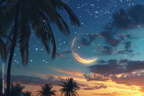 A glowing crescent moon, stars and date palms representing Ramadan nights.