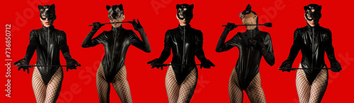Set of five images beautiful dominant brunette mistress woman in catsuit, gloves and bdsm black leather fetish cat mask posing with riding crop