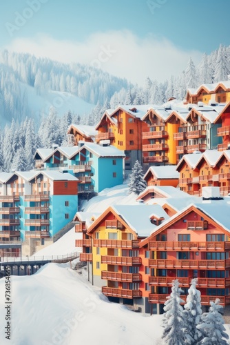 Multi-storey houses of a resort town among snow, mountains and snow-covered trees. The concept of tourism, winter holidays, travel, vertical
