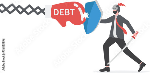 Debt management, fight with debt for financial freedom concept, professional businessman fight with creditor or loaner huge red boxing glove with text Debt.