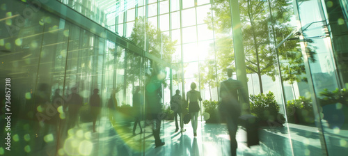 Corporate, building and business group of people walking for city exploration, sustainable living or office. Blurry, silhouette and movement background for architecture, wallpaper and eco friendly