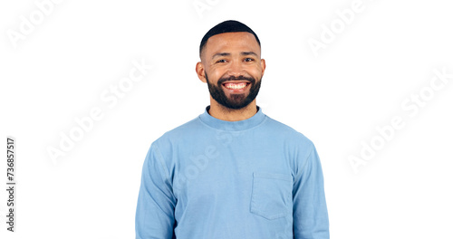 Man, portrait and happy with confidence for relax with casual fashion, outfit and trendy style with beard. Face, smile and person with optimism and good mood isolated on a png transparent background