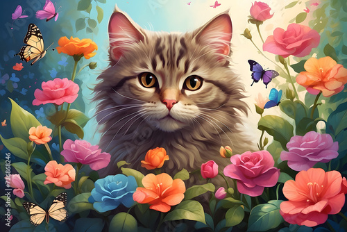 Create a short story or poem inspired by this adorable illustration of a mischievous cat exploring a magical garden filled with vibrant flowers and fluttering butterflies."
