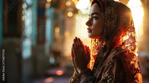 Young muslim woman prayer hijab pray to God on blur mosque background concept for eid mubarak, life and soul fasting of international islamic ramadan sunlight