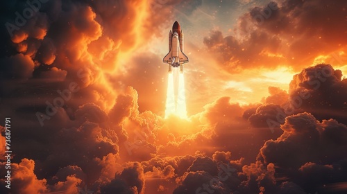 The space shuttle launched at sunset with a flaming engine igniting and smoke billowing in the breathtaking sky.