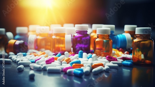 Close-up of various colorful plastic jars with pills, food additives, vitamins, pharmaceutical drugs, Capsules on the table.