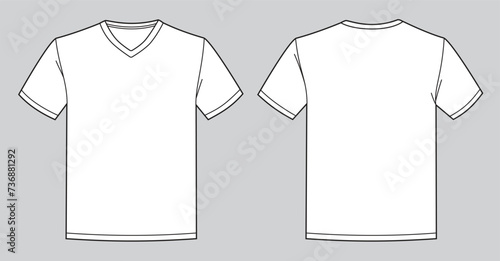 Blank white v-neck t-shirt template. Front and back view