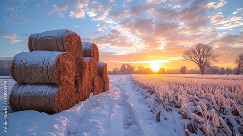 Pile of hay bales on rural field during wintertime.
