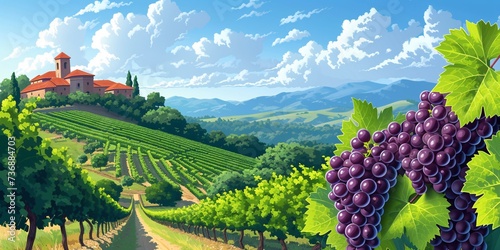 Vineyard in Burgundy, France with renowned grapes and an illustration of picturesque Bordeaux scenery, offering the chance to sample delicious French wines