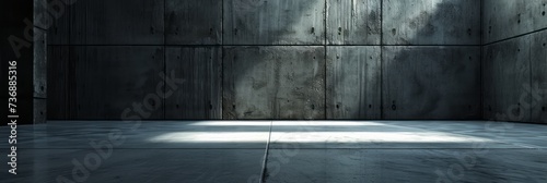 An empty concrete room, featuring realistic still lifes with dramatic lighting, multi-layered textures, and colors of dark silver and black.