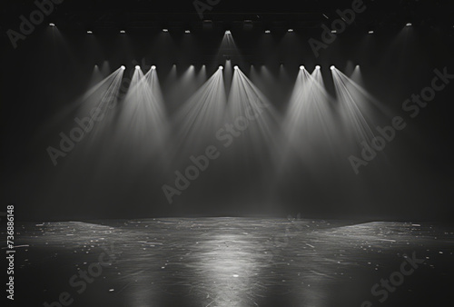 A frontstage area is shown with the stage and spotlights, featuring dark tonality, light silver and dark gray colors, mastery of light, naturalistic shadows, and a contest winner.