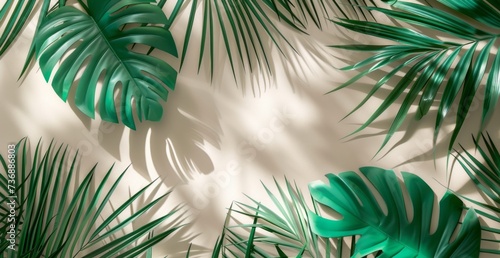 A shadow is cast on a wall by palm leaves, featuring a motion blur panorama, minimalist still life, minimalist and abstract shapes, and a matte background in light emerald and light beige.