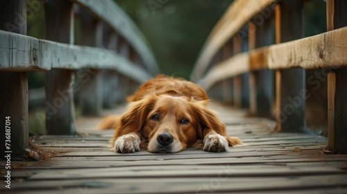  a close up of a dog laying on a bridge with its head on it's paws and it's paws resting on the ground.
