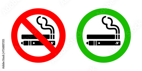 No smoking no vaping and smoking area sign set. Forbidden sign icon isolated on white background vector illustration. Cigarette, vape in prohibition circle and green allowed area.