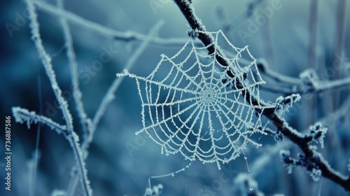  a close up of a spider web on a tree branch with ice on the drops of the spider's web.