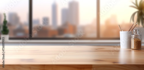 An empty brown wooden table with a blur background