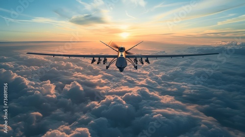 Unmanned military drone flying in the sky above the American technology clouds