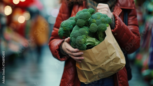  a woman in a red jacket holding a brown paper bag with a bag of broccoli inside of it.