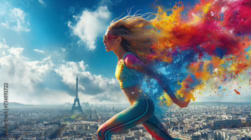An illustration shows athletes racing through the summer streets of Paris with dynamic energy. Their bodies radiate power as they move forward in fluid movements.