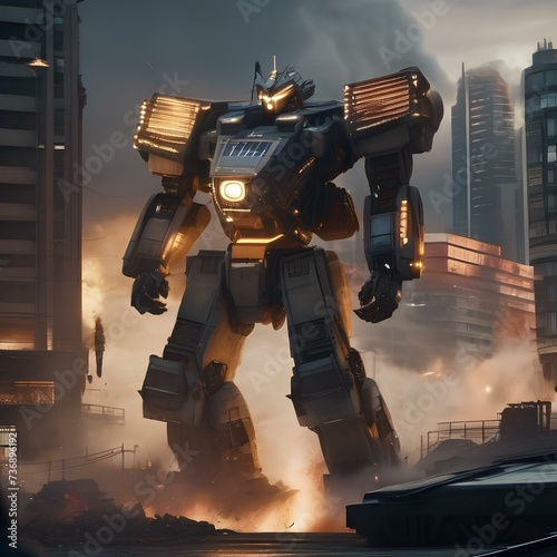 Giant robot rampage, Massive robotic behemoth rampaging through a cityscape as military forces mobilize to stop it3