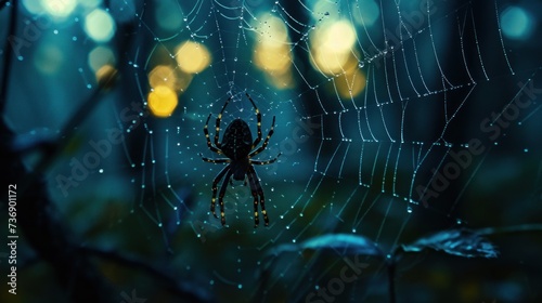 a spider sits on its web in the middle of a forest at night with bright lights in the back ground.