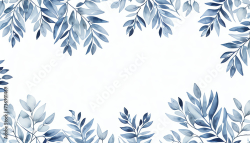 Watercolor blue flowers and leaves frame isolated on white background 