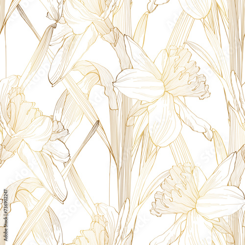 Floral seamless pattern, golden line daffodil flowers. Elegant floral hand drawn outline design for textile, fabric, package, wallpaper, poster.
