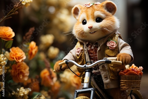 stylist and royal Cute cartoon animal character image of a cheetah riding a bicycle with flowers in a basket