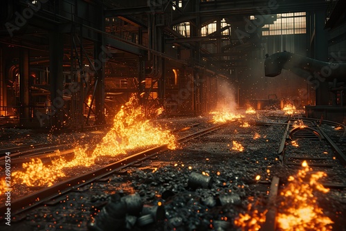 hell like heat and flames at steel mill.